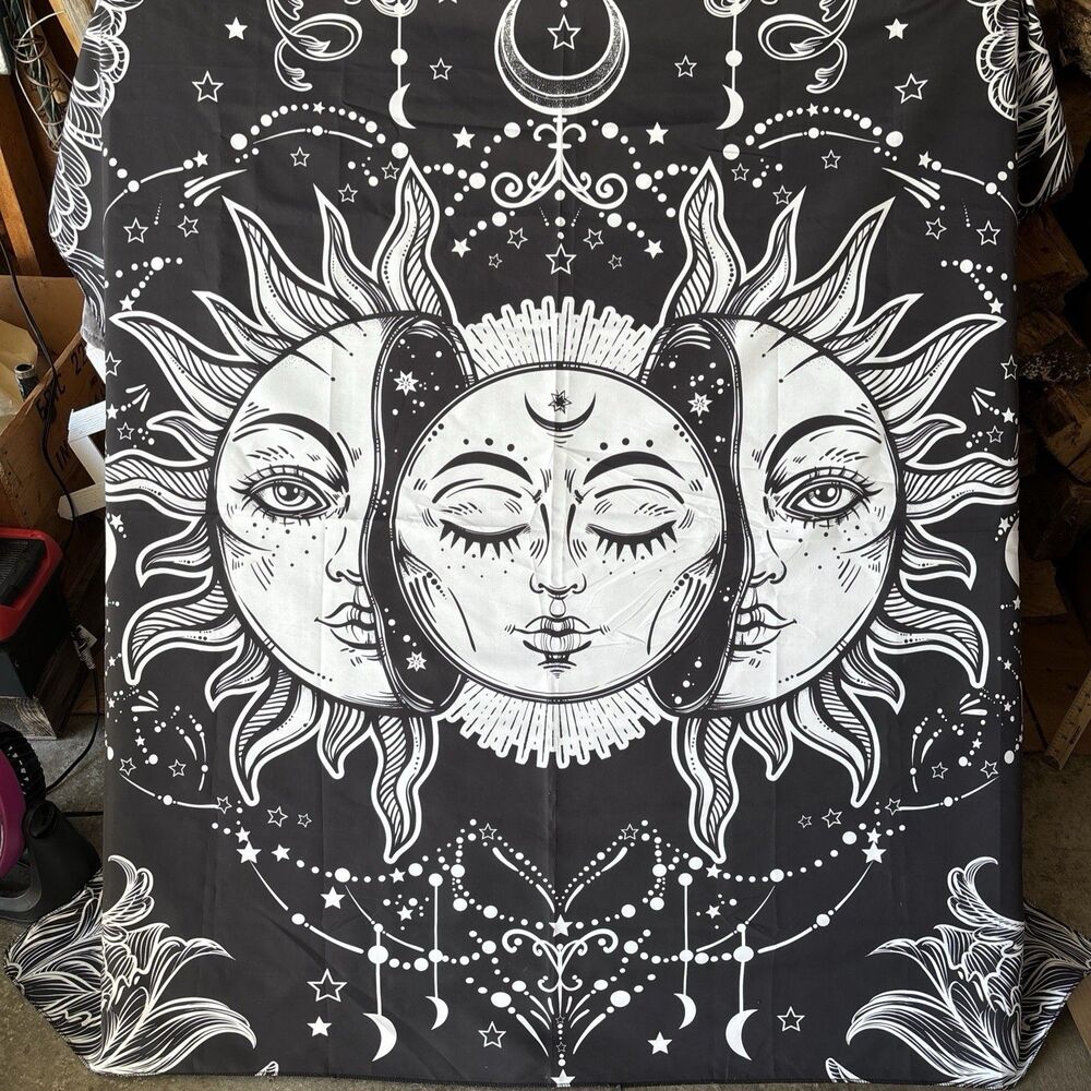 Sun & Moon And Stars Tapestry Wall Hanging Black White 58” X 50”